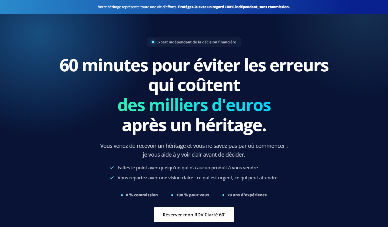 Le haut de la page : le titre sur les erreurs qui coûtent cher après un héritage, et le bouton de rendez-vous